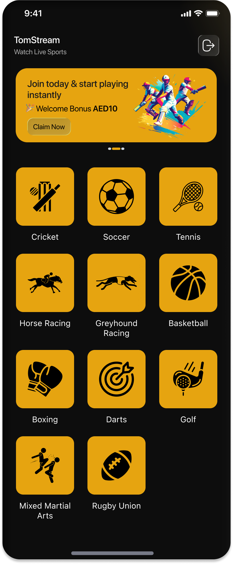 Tom Stream app home screen showing the promotional banner and the sports category grid