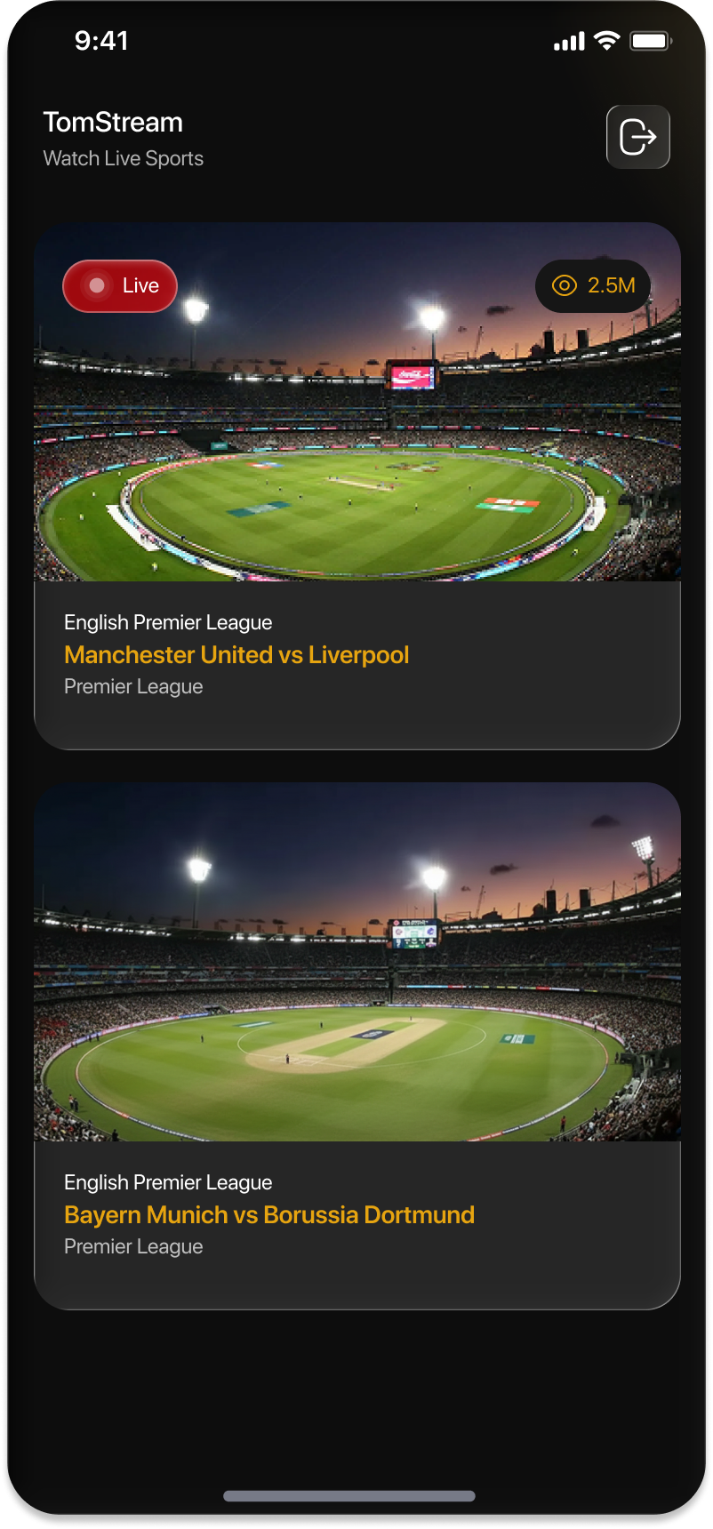 Tom Stream app showing live match cards with Live badges and viewer counts
